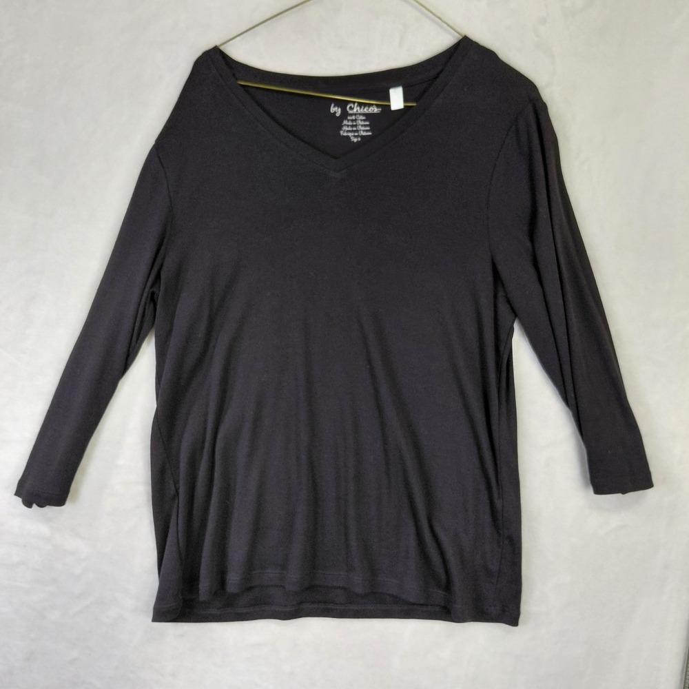 Chicos Womens Size 2 Black V-Neck Long Sleeve 100% Cotton Tee Shirt Top